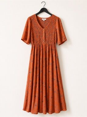 Rust Orange Floral Smocked Bodice Midi Maxi Dress S